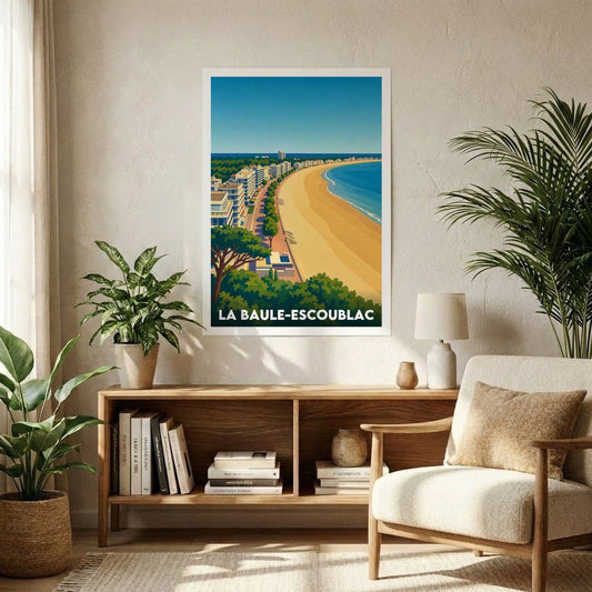 Affiche souvenir de la ville de La Baule-Escoublac avec une illustration stylisée de son front de mer.