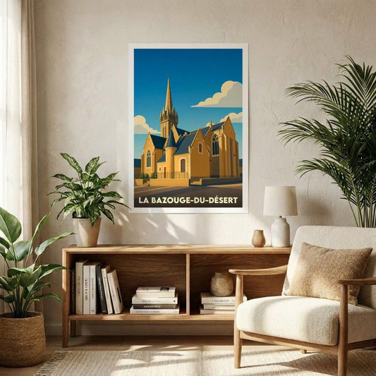 Affiche souvenir de la ville de La Bazouge-du-Désert avec une illustration stylisée de son église sous un ciel bleu.