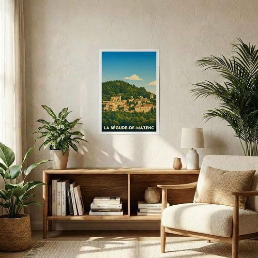 Affiche souvenir de la ville de La Bégude-de-Mazenc avec une illustration stylisée de son village perché.