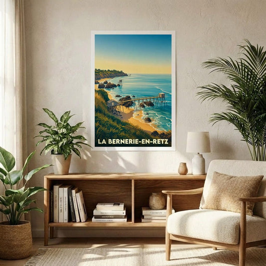 Affiche souvenir de la ville de La Bernerie-en-Retz présentant une illustration stylisée de son littoral et de ses pêcheries.