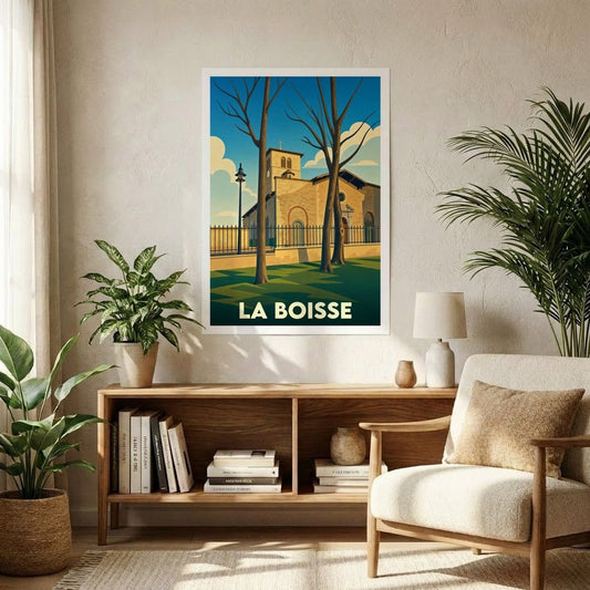 Affiche souvenir de la ville de La Boisse avec une illustration stylisée.