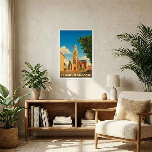 Affiche souvenir de la ville de La Boissière-du-Doré avec une illustration stylisée de son église.