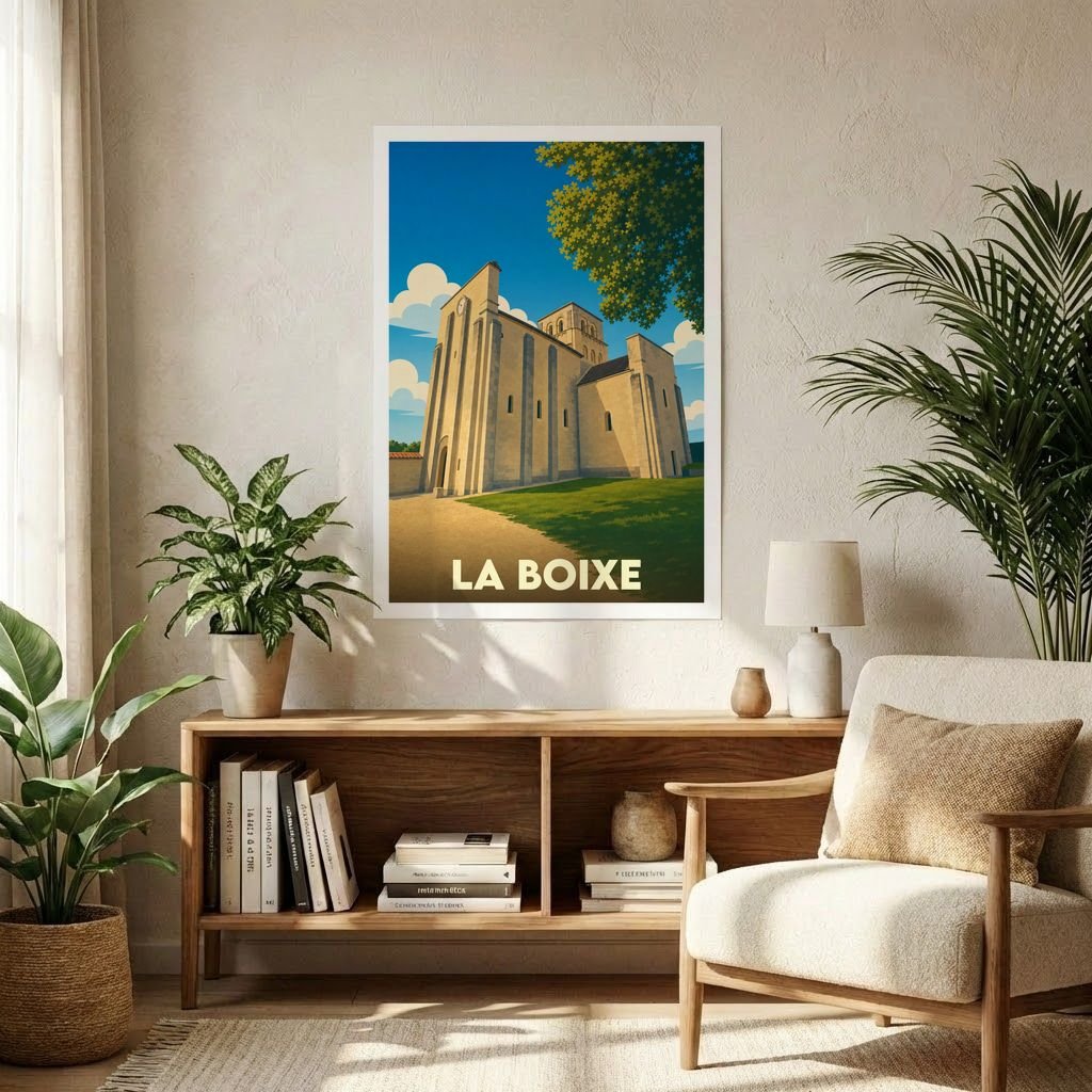 Affiche souvenir de la ville de La Boixe avec une illustration stylisée de son patrimoine architectural.