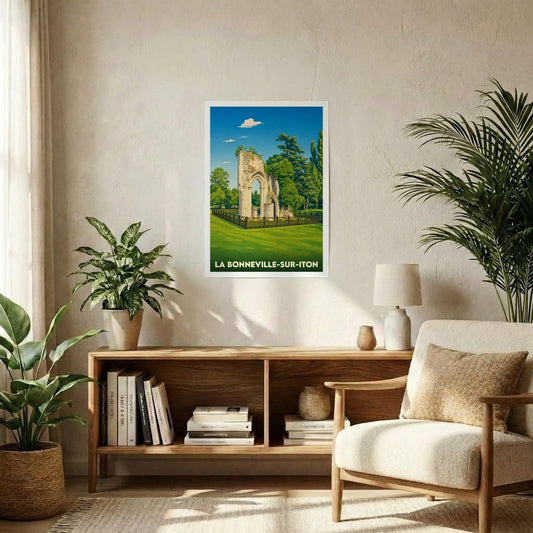 Affiche souvenir de la ville de La Bonneville-sur-Iton représentant les vestiges de son abbaye dans un style vintage.