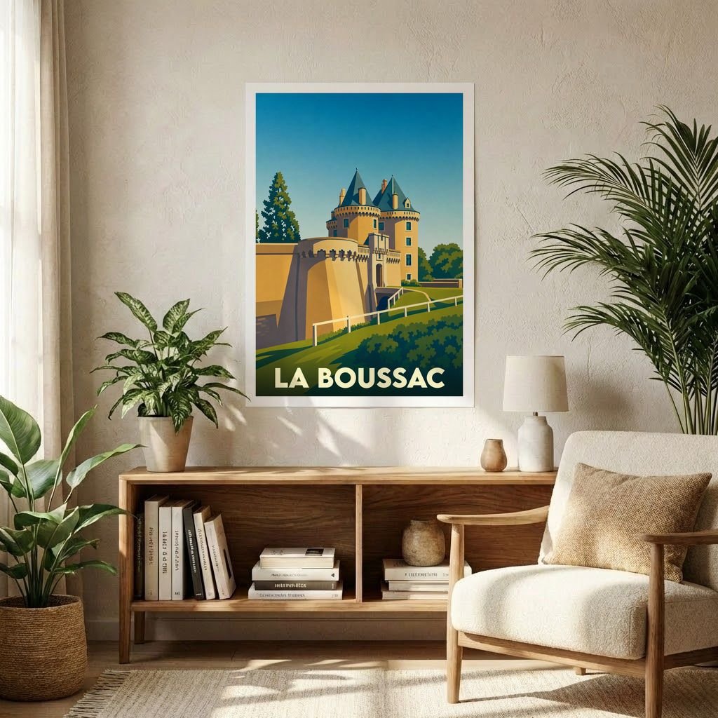 Affiche souvenir de la ville de La Boussac représentant son château avec une illustration stylisée.