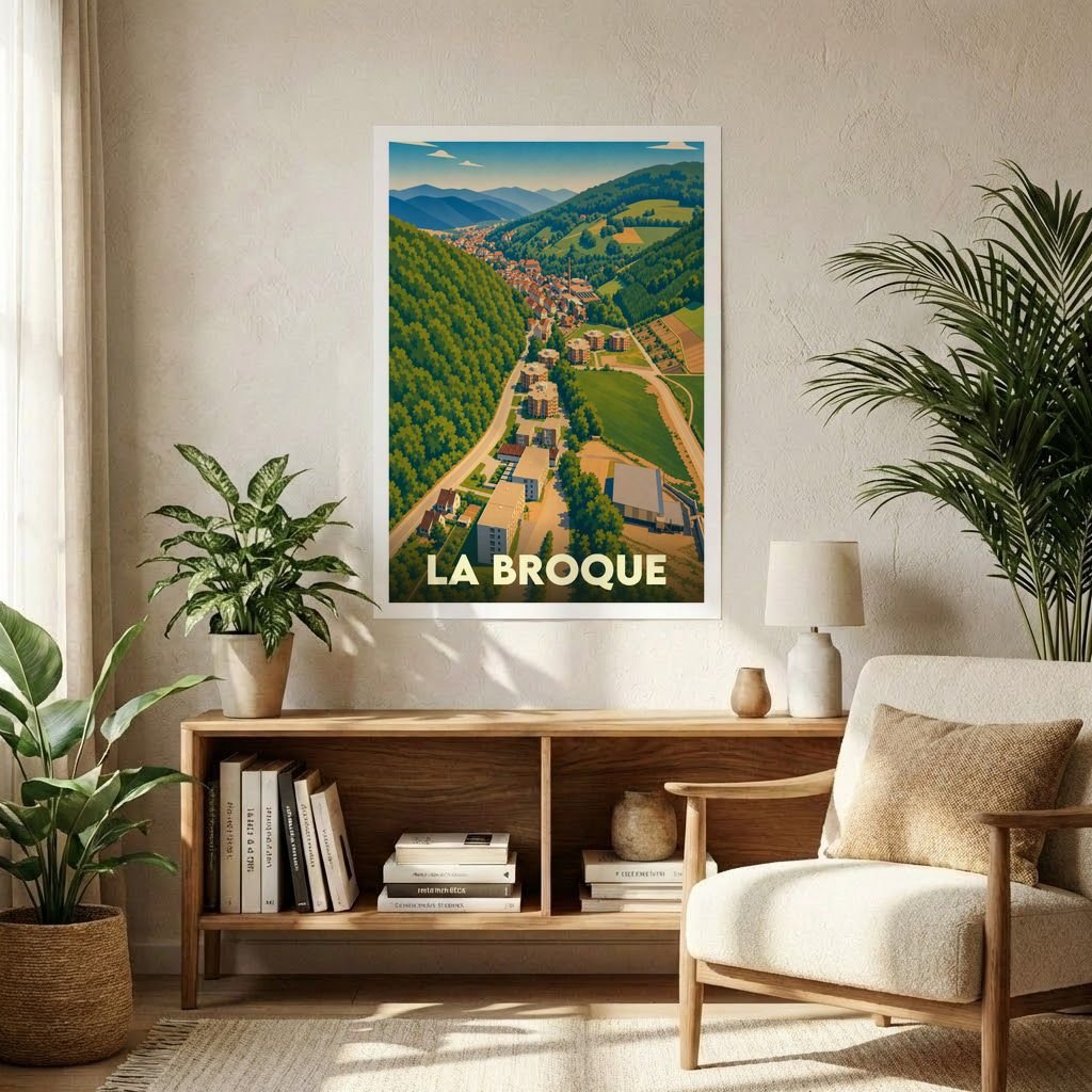 Affiche souvenir de la ville de La Broque avec une illustration stylisée de son paysage montagneux.