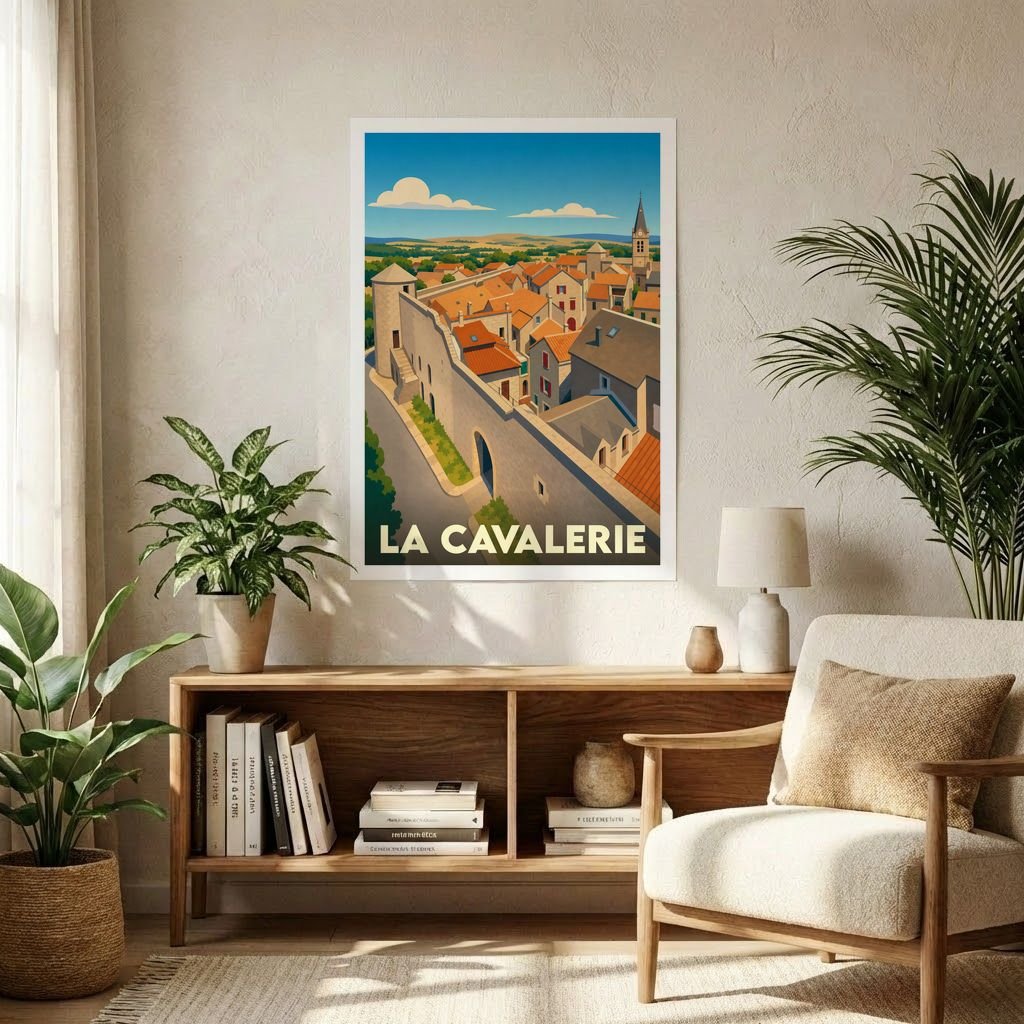 Affiche souvenir de la ville de La Cavalerie avec une illustration stylisée d'un village fortifié.