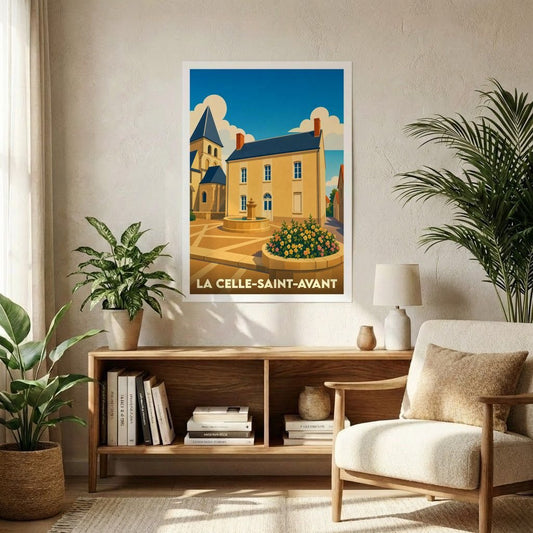 Affiche souvenir de la ville de La Celle-Saint-Avant avec une illustration stylisée d'une place ensoleillée.