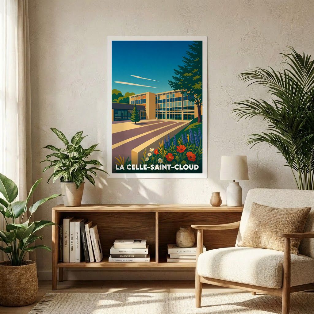 Affiche souvenir de la ville de La Celle-Saint-Cloud avec une illustration stylisée.