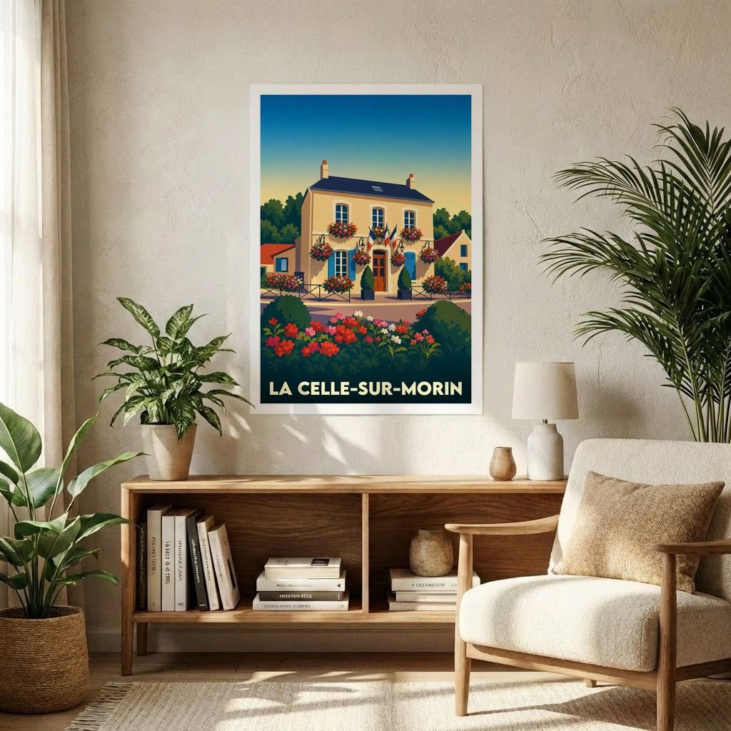 Affiche souvenir de la ville de La Celle-sur-Morin avec une illustration stylisée d'une maison fleurie.