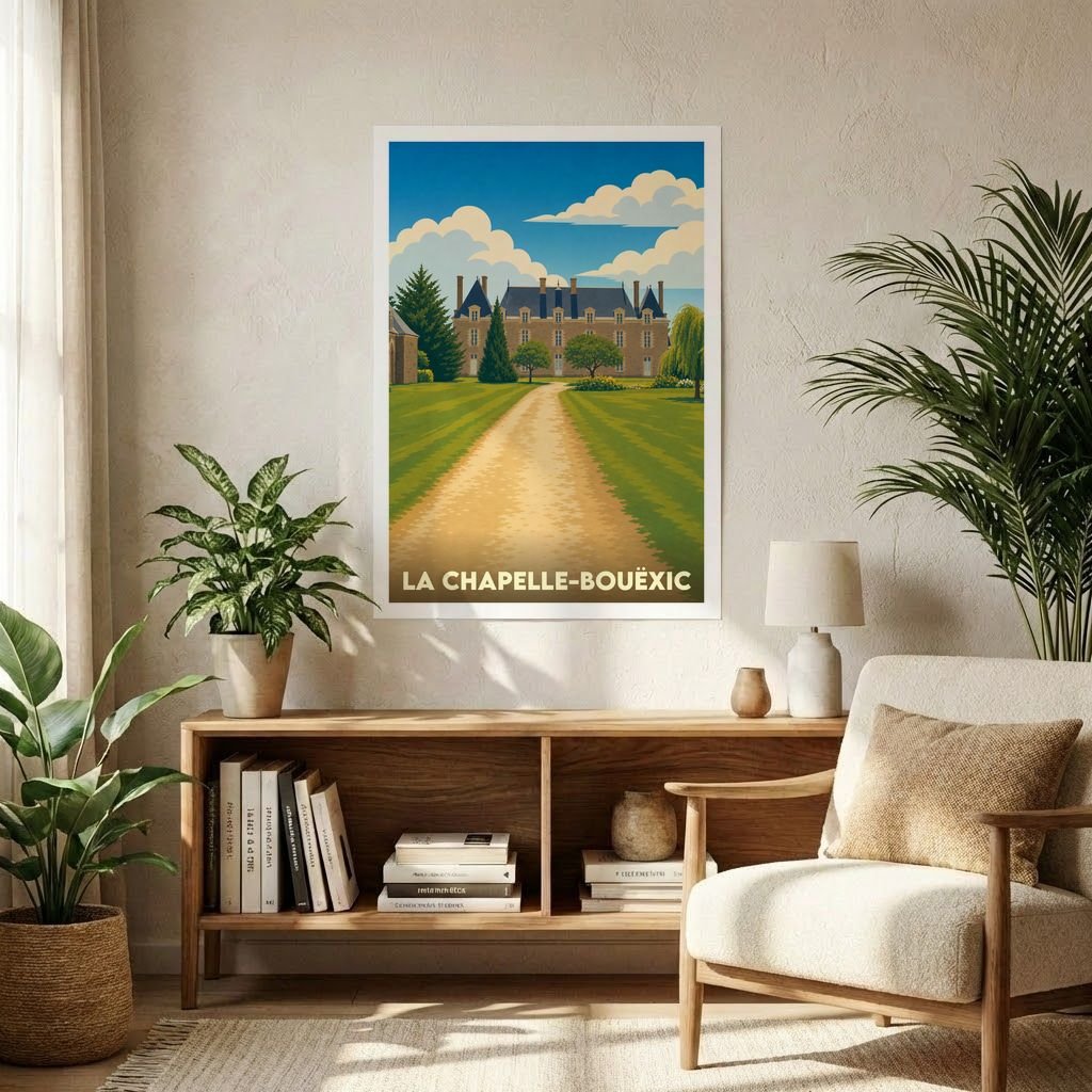 Affiche souvenir de la ville de La Chapelle-Bouëxic illustrant son château et son parc dans un style vintage.