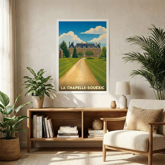 Affiche souvenir de la ville de La Chapelle-Bouëxic illustrant son château et son parc dans un style vintage.