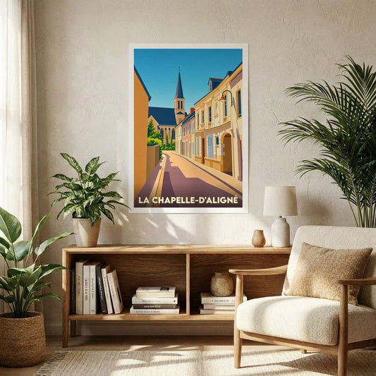 Affiche souvenir de la ville de La Chapelle-d'Aligné avec une illustration stylisée d'une rue ensoleillée menant à son église.