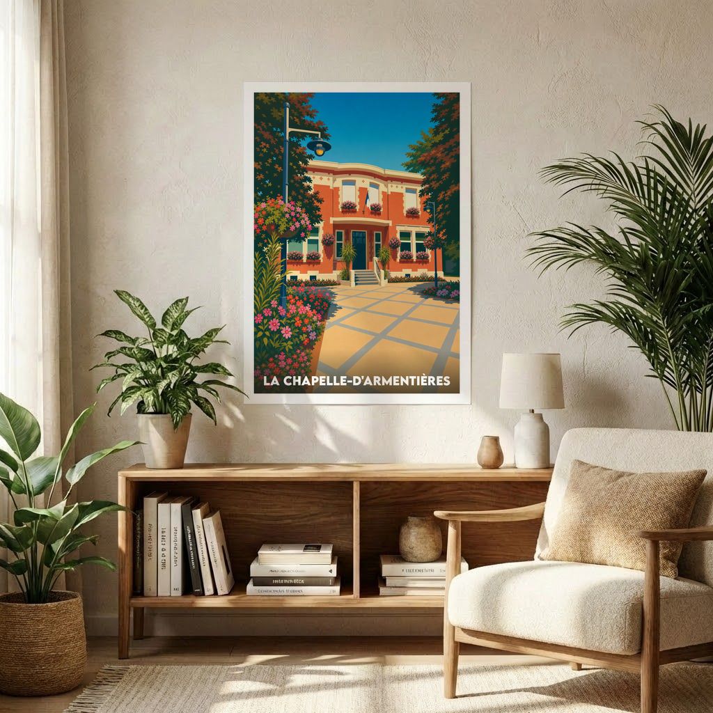 Affiche souvenir de la ville de La Chapelle-d'Armentières avec une illustration colorée et stylisée de l'hôtel de ville.