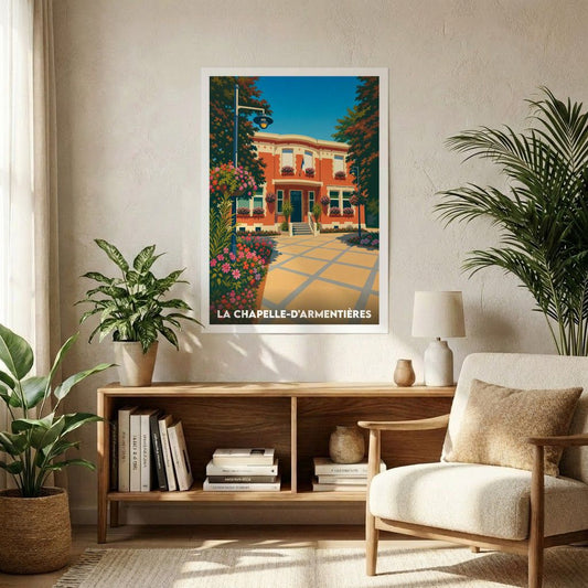 Affiche souvenir de la ville de La Chapelle-d'Armentières avec une illustration colorée et stylisée de l'hôtel de ville.