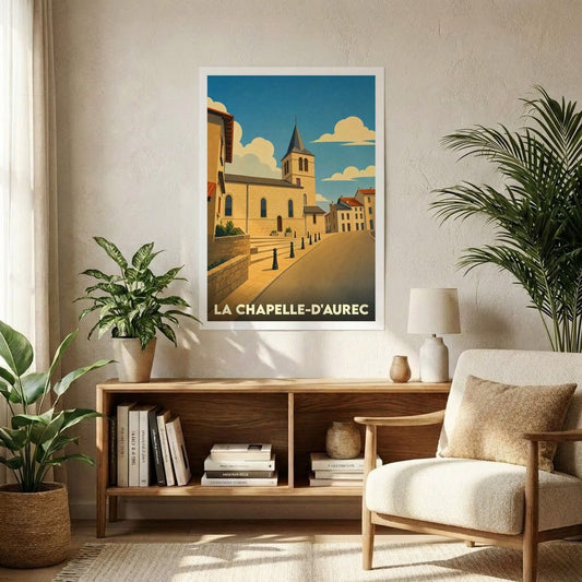 Affiche souvenir de la ville de La Chapelle-d'Aurec avec une illustration stylisée d'une église et d'une rue ensoleillée.