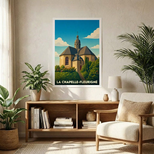 Affiche souvenir de la ville de La Chapelle-Fleurigné présentant une illustration stylisée de son église entourée de verdure.