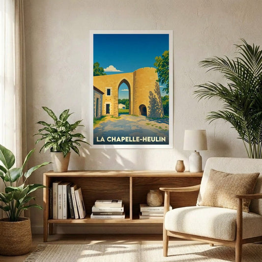 Affiche souvenir de la ville de La Chapelle-Heulin avec une illustration stylisée d'un monument historique.