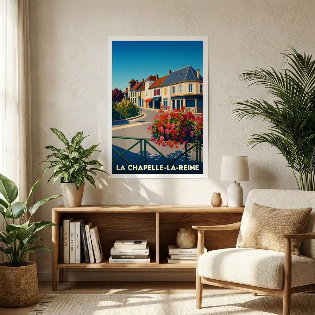 Affiche souvenir de la ville de La Chapelle-la-Reine avec une illustration stylisée et colorée.