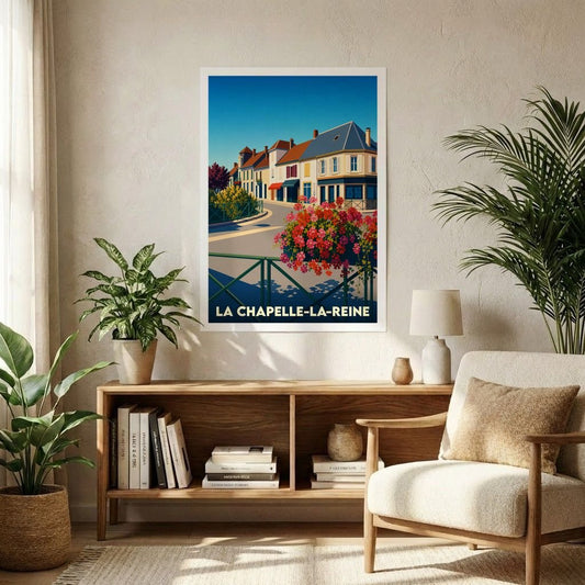 Affiche souvenir de la ville de La Chapelle-la-Reine avec une illustration stylisée et colorée.