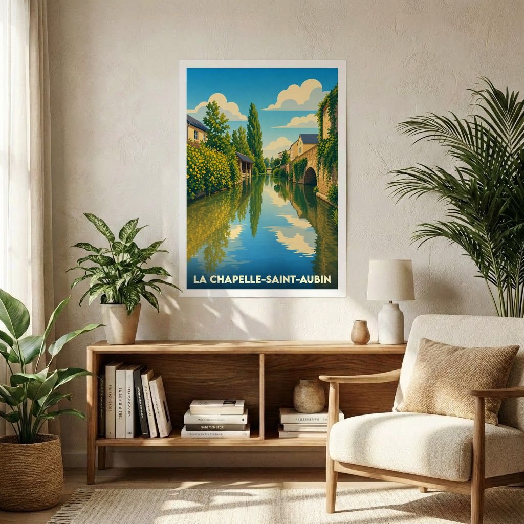 Affiche souvenir de la ville de La Chapelle-Saint-Aubin représentant un canal paisible bordé de verdure dans un style illustré.