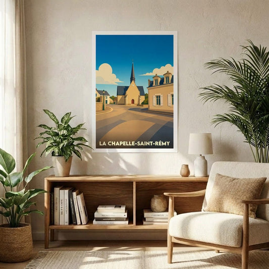 Affiche souvenir de la ville de La Chapelle-Saint-Rémy avec une illustration stylisée.
