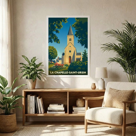 Affiche souvenir de la ville de La Chapelle-Saint-Ursin avec une illustration stylisée de son église entourée de verdure.