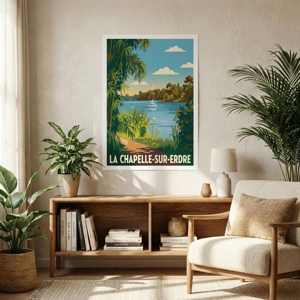 Affiche souvenir de la ville de La Chapelle-sur-Erdre avec une illustration stylisée d'un paysage au bord de l'eau.