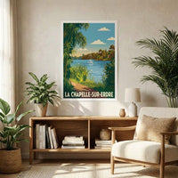 Affiche souvenir de la ville de La Chapelle-sur-Erdre avec une illustration stylisée d'un paysage au bord de l'eau.