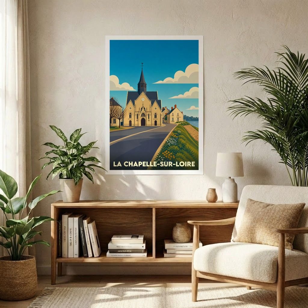 Affiche souvenir de la ville de La Chapelle-sur-Loire avec une illustration stylisée d'une église en bord de Loire.