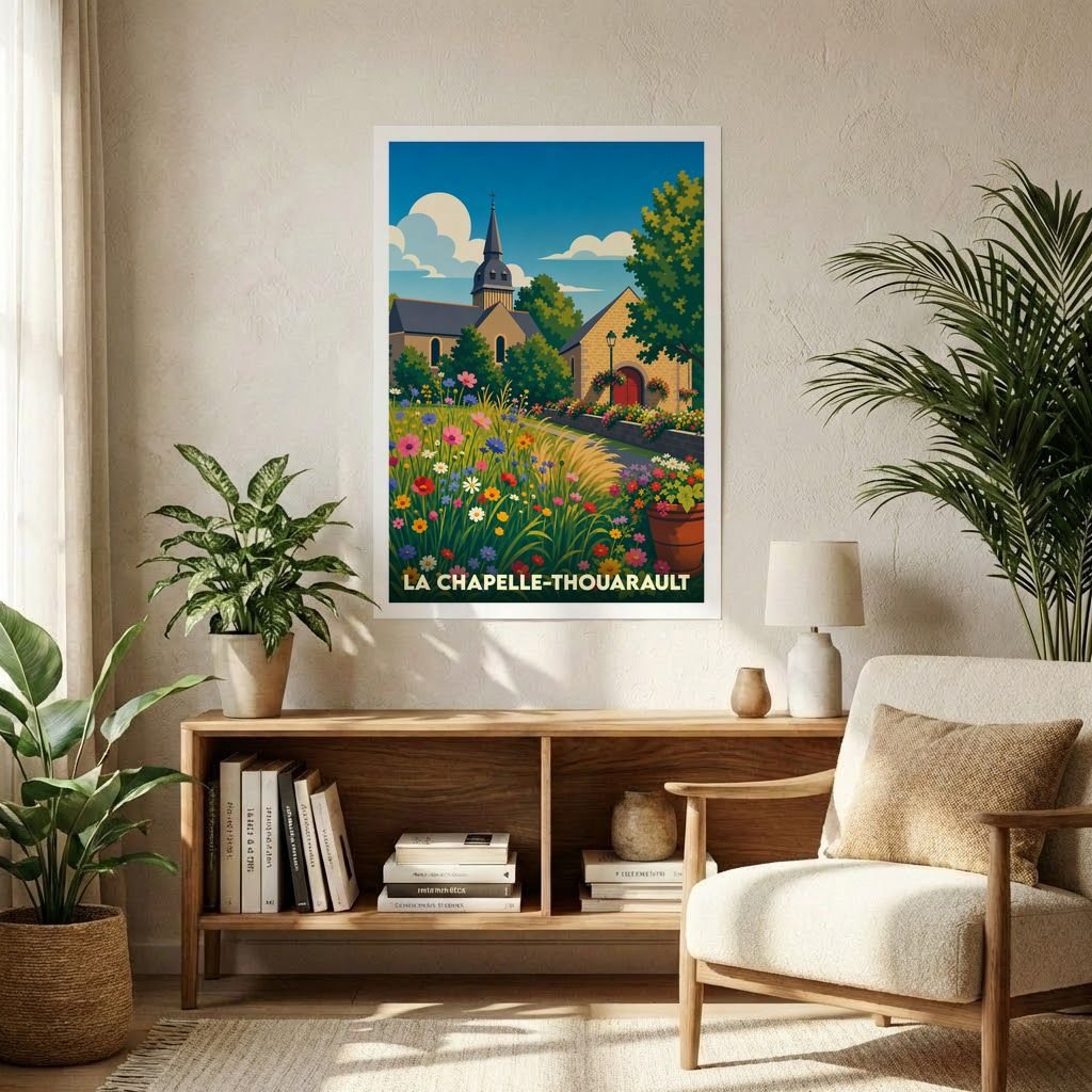 Affiche souvenir de la ville de La Chapelle-Thouarault présentant une illustration stylisée et fleurie de son église.