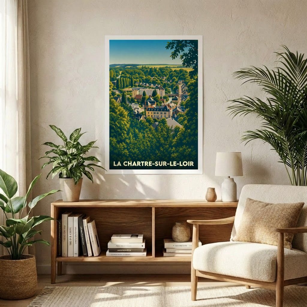 Affiche souvenir de la ville de La Chartre-sur-le-Loir avec une illustration stylisée d'un paysage verdoyant.