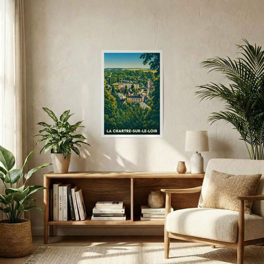 Affiche souvenir de la ville de La Chartre-sur-le-Loir avec une illustration stylisée d'un paysage verdoyant.