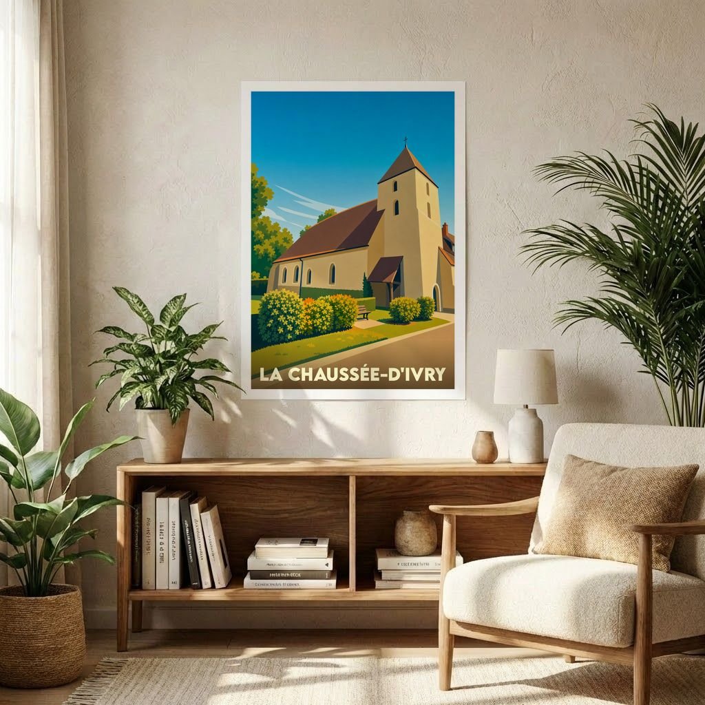 Affiche souvenir de la ville de La Chaussée-d'Ivry avec une illustration stylisée de son église.