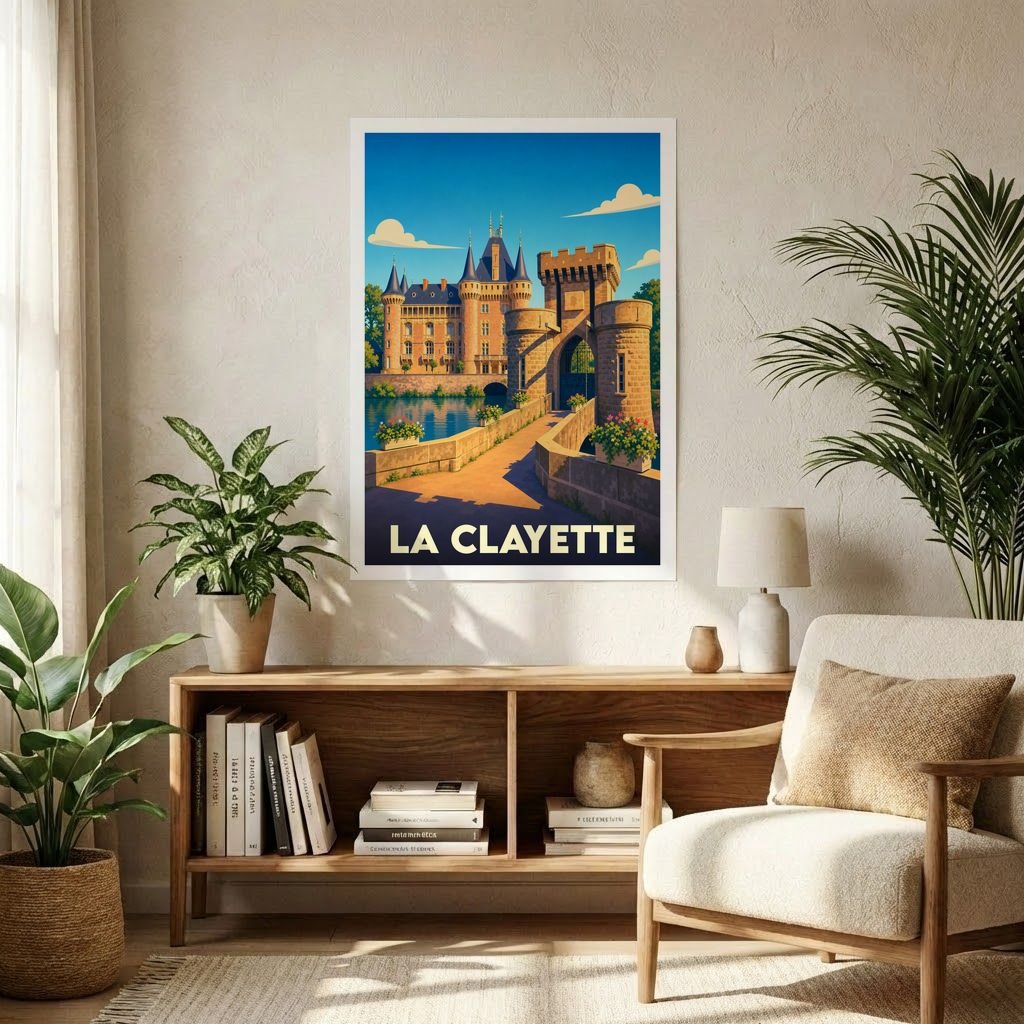 Affiche souvenir de la ville de La Clayette avec une illustration stylisée de son château et de ses douves.