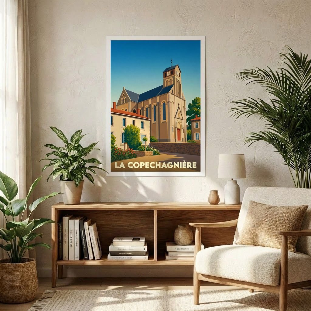 Affiche souvenir de la ville de La Copechagnière avec une illustration stylisée de son église sous un ciel bleu.