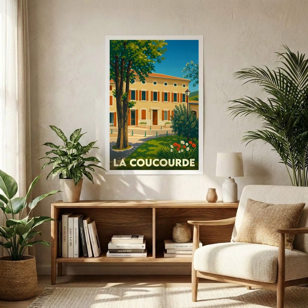 Affiche souvenir de la ville de La Coucourde avec une illustration stylisée d'un bâtiment provençal sous le soleil.