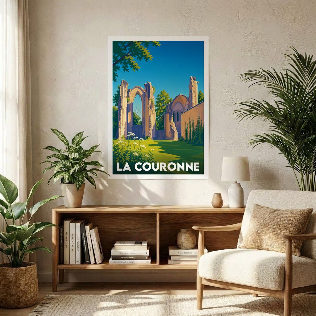 Affiche souvenir de la ville de La Couronne avec une illustration stylisée de ses ruines historiques.