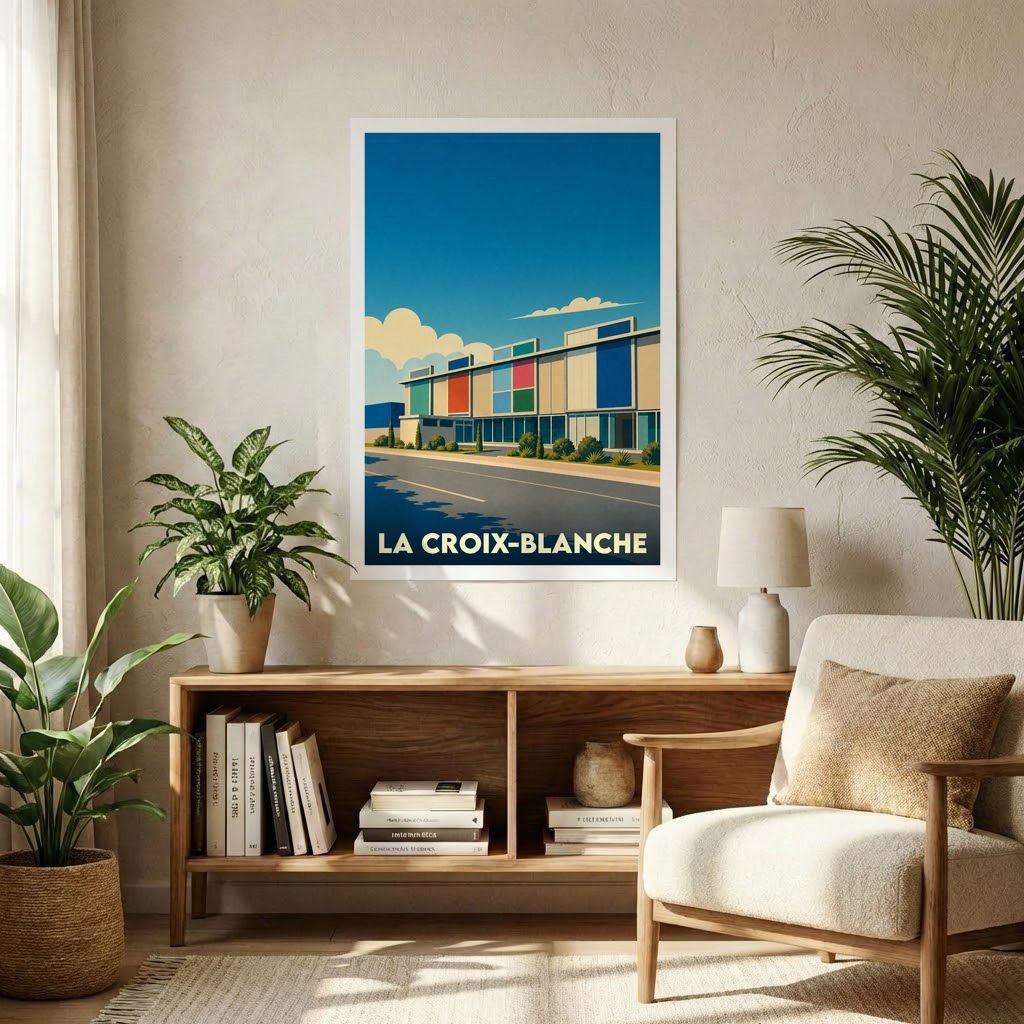 Affiche souvenir de la ville de La Croix-Blanche avec une illustration stylisée et moderne.