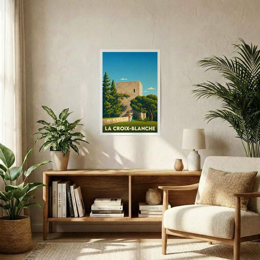 Affiche souvenir de la ville de La Croix-Blanche avec une illustration stylisée d'une tour médiévale entourée de verdure.