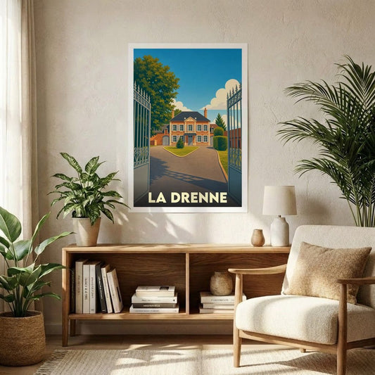 Affiche souvenir de la ville de La Drenne illustrant une élégante propriété avec une perspective stylisée.