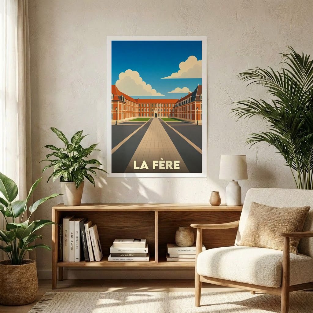 Affiche souvenir de la ville de La Fère avec une illustration stylisée et colorée de son architecture.
