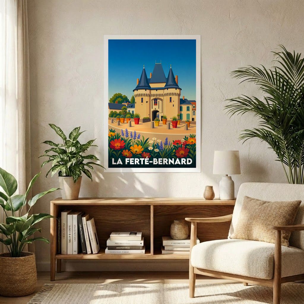 Affiche souvenir de la ville de La Ferté-Bernard avec une illustration stylisée de sa porte fortifiée.