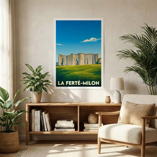 Affiche souvenir de la ville de La Ferté-Milon représentant son château médiéval dans un style graphique épuré.