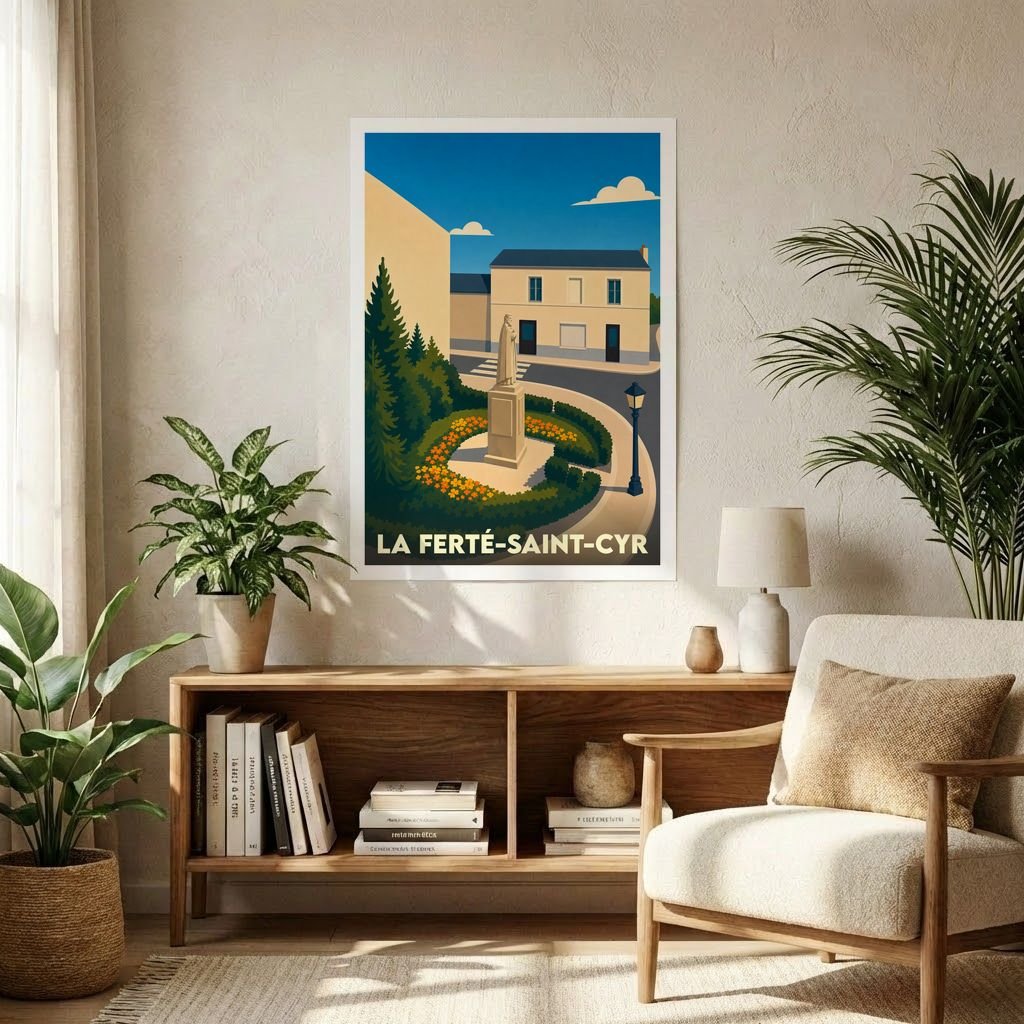 Affiche souvenir de la ville de La Ferté-Saint-Cyr avec une illustration stylisée d'une place arborée et de son monument.