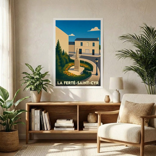 Affiche souvenir de la ville de La Ferté-Saint-Cyr avec une illustration stylisée d'une place arborée et de son monument.