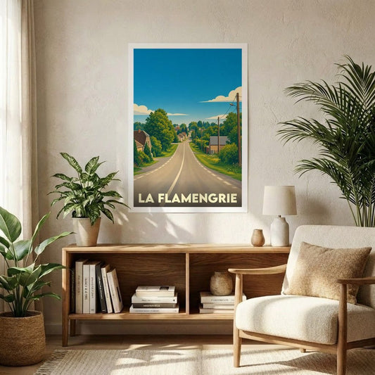 Affiche souvenir de la ville de La Flamengrie avec une illustration stylisée d'une route de campagne.