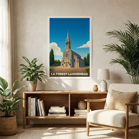 Affiche souvenir de la ville de La Forest-Landerneau avec une illustration stylisée de son église sous un ciel bleu.