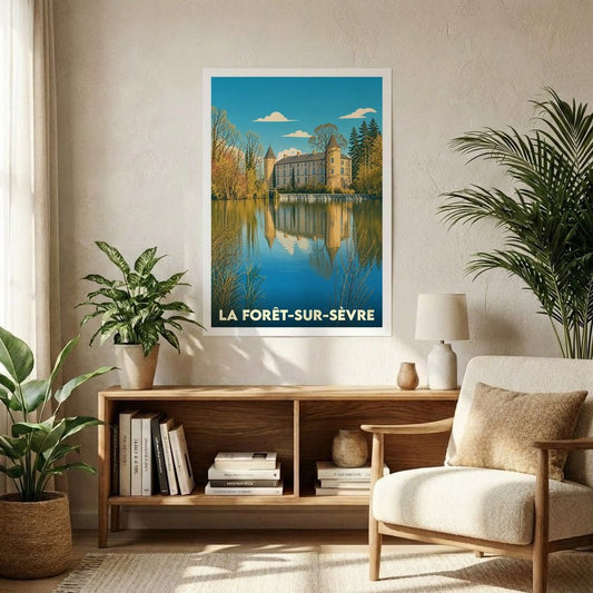 Affiche souvenir de la ville de La Forêt-sur-Sèvre avec une illustration stylisée de son château se reflétant dans l'eau.