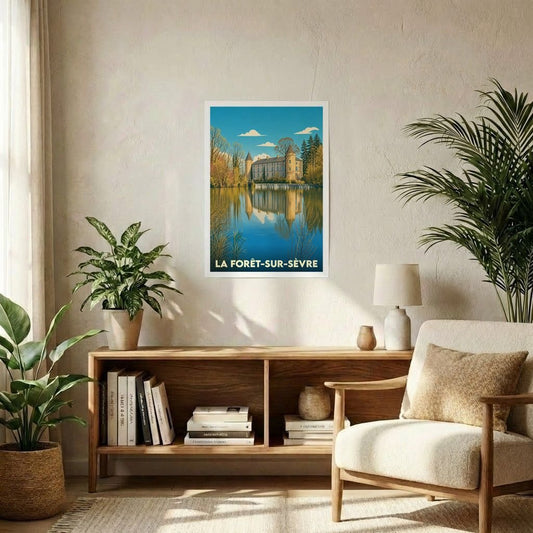Affiche souvenir de la ville de La Forêt-sur-Sèvre illustrant son château se reflétant dans l'eau.